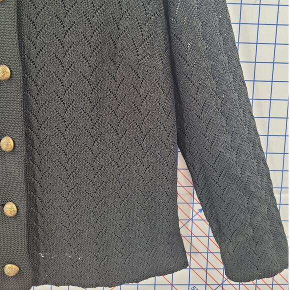 Kimberly Black Open-Knit Brass Button Long Sleeve Cardigan – Chic Vintage Layer - Picture 8 of 12